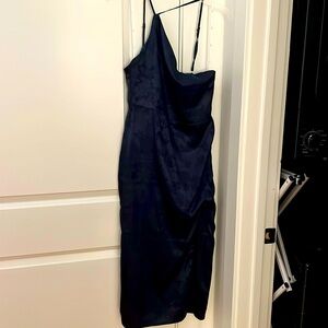 Navy Blue Satin Jacquard Halter Neck Midi Dress